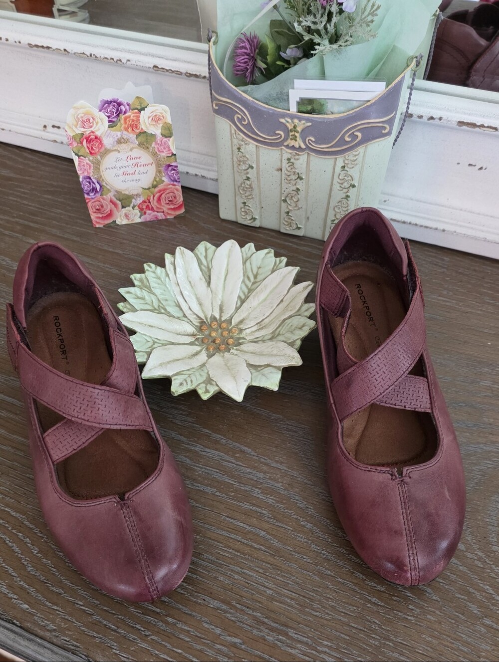 Rockport Cobb Hill Janet Cross-Strap Mary Jane Leather Burgundy Wedge Shoes 6